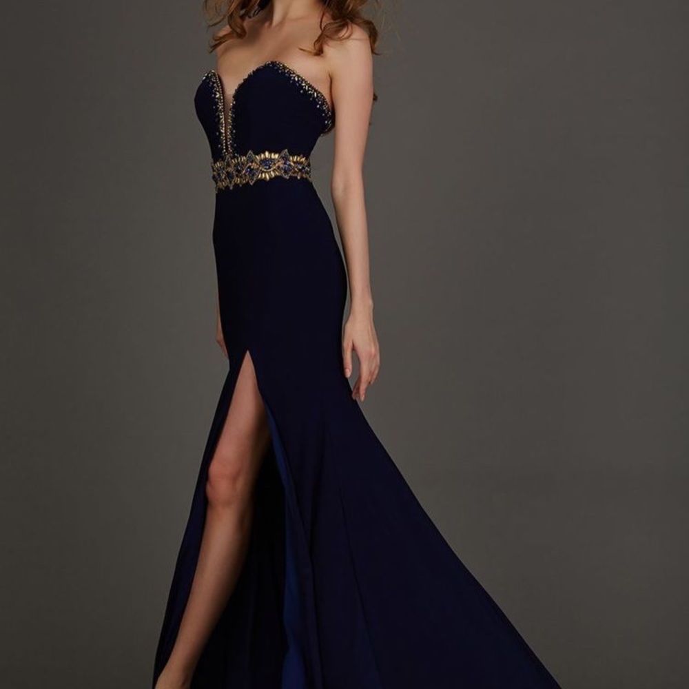 Angela & Alison navy strapless prom dress